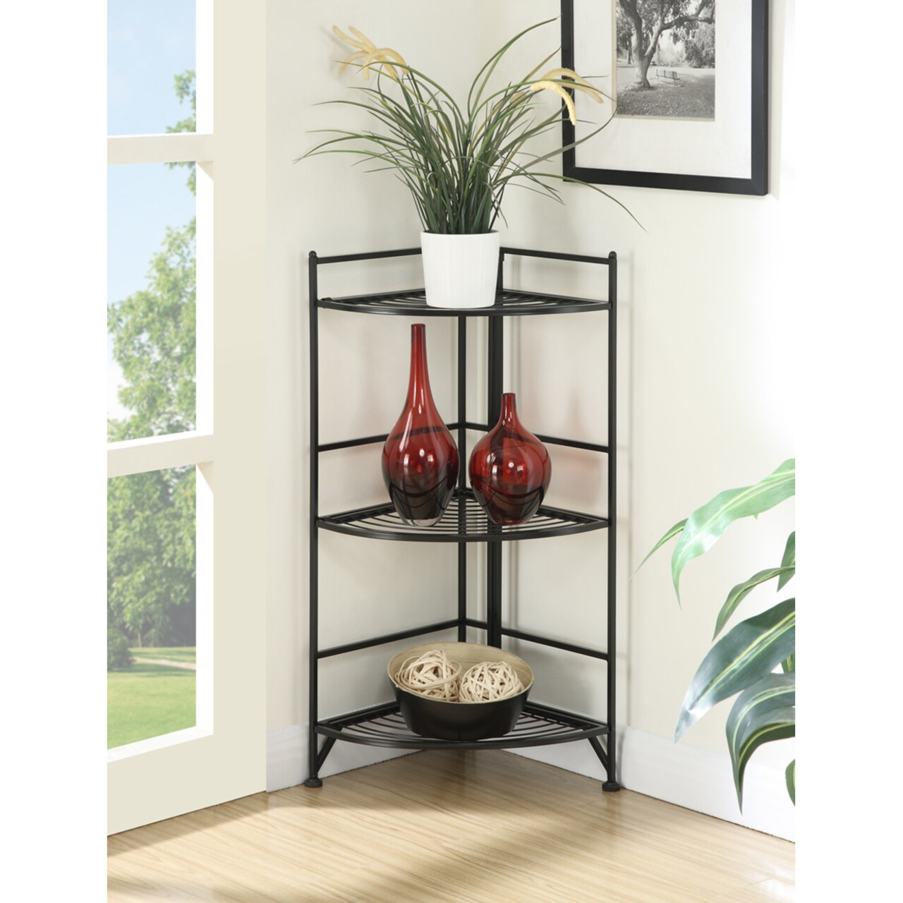 Convenience Concepts Xtra Storage 3 Tier Corner Folding Metal Corner Shelf, Black